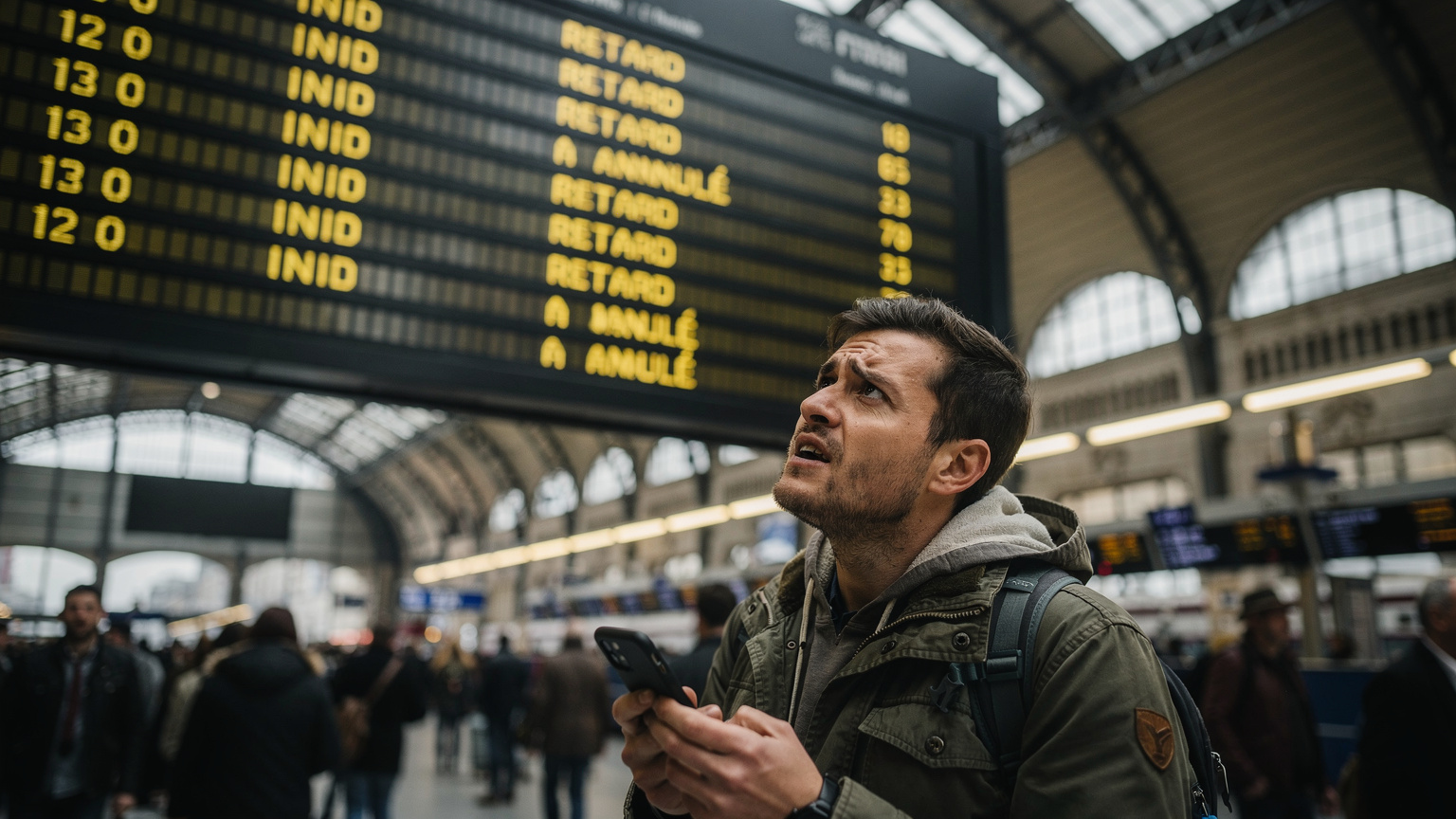 A budget traveler looks up from their smartphone with a slightly worried expression, observing a departure board at a busy Parisian train station displaying a significant delay or cancellation.