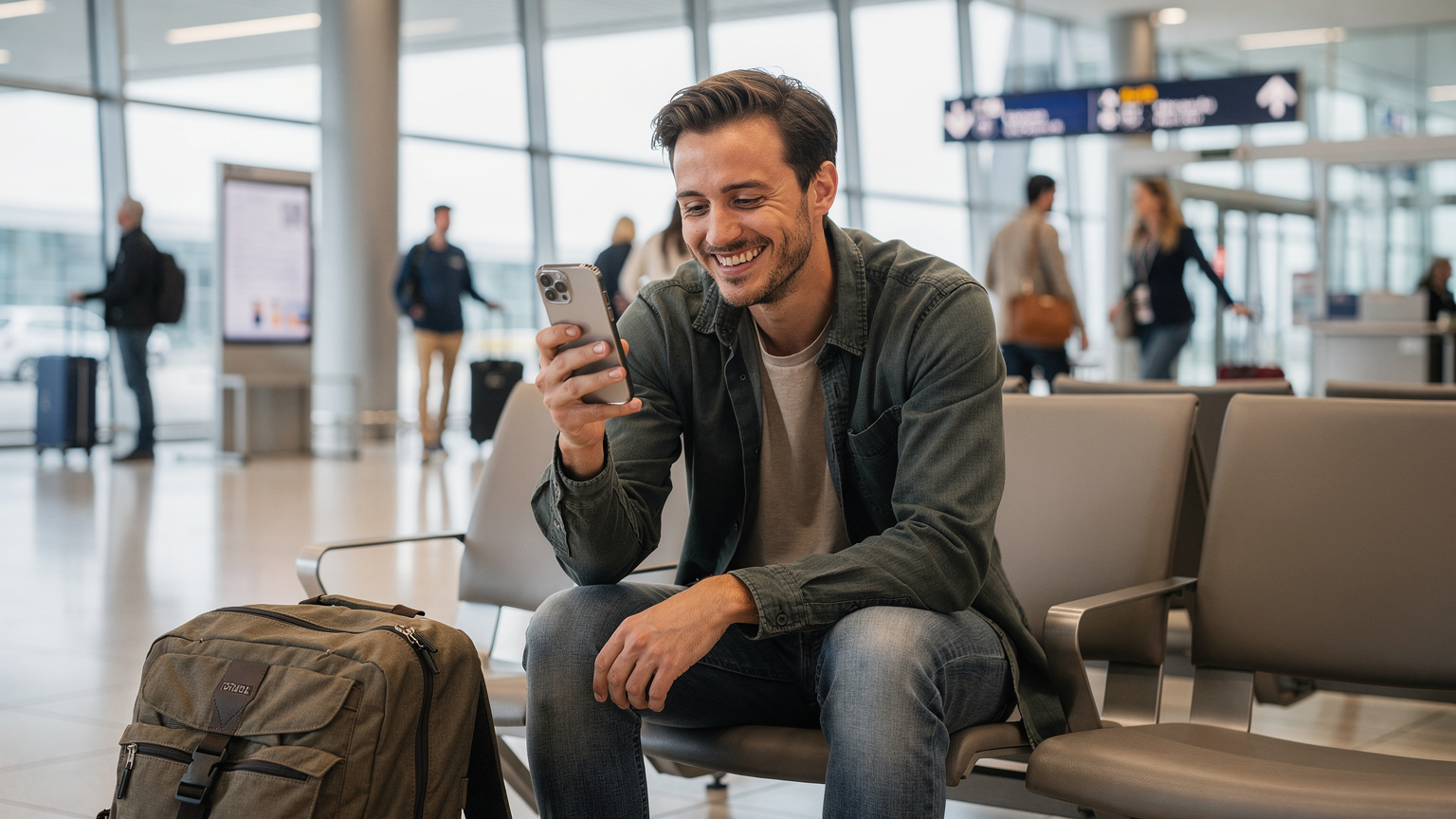 A traveler smiles, successfully activating an eSIM on their smartphone in a well-lit, clean European airport terminal, with luggage nearby and other travelers in the background.