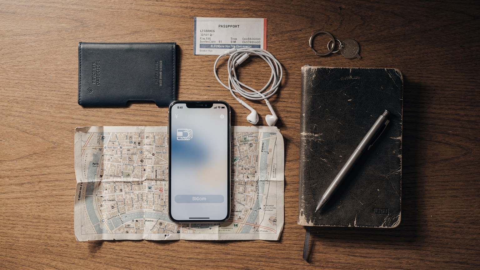 An organized overhead flat-lay of travel essentials: a passport, a smartphone showing an eSIM profile, wired earbuds, a map of Paris, and a small, well-used journal on a simple wooden table.