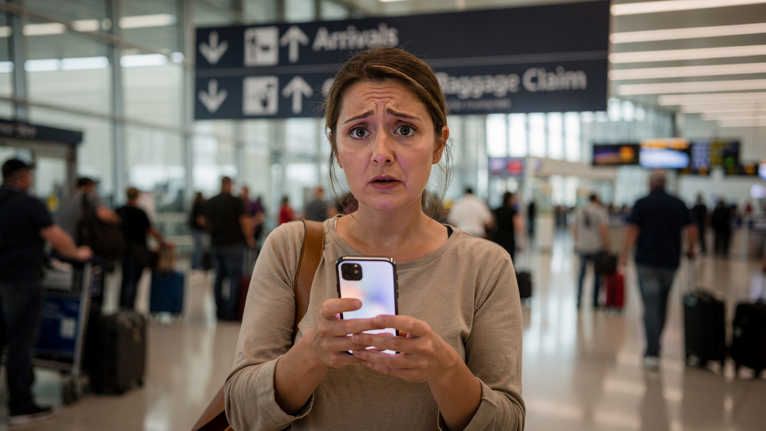 A concerned parent, holding a smartphone displaying an error message, stands amidst the bustling arrivals hall of Toronto Pearson International Airport, surrounded by fellow travelers and their luggage, visibly searching for a solution.