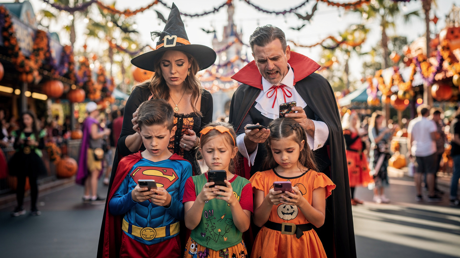 A family, parents and two children in Halloween costumes, looking slightly frustrated as they attempt to connect their smartphones to a slow public Wi-Fi network inside a crowded, festively decorated theme park during a Halloween event in Orlando, Florida.
