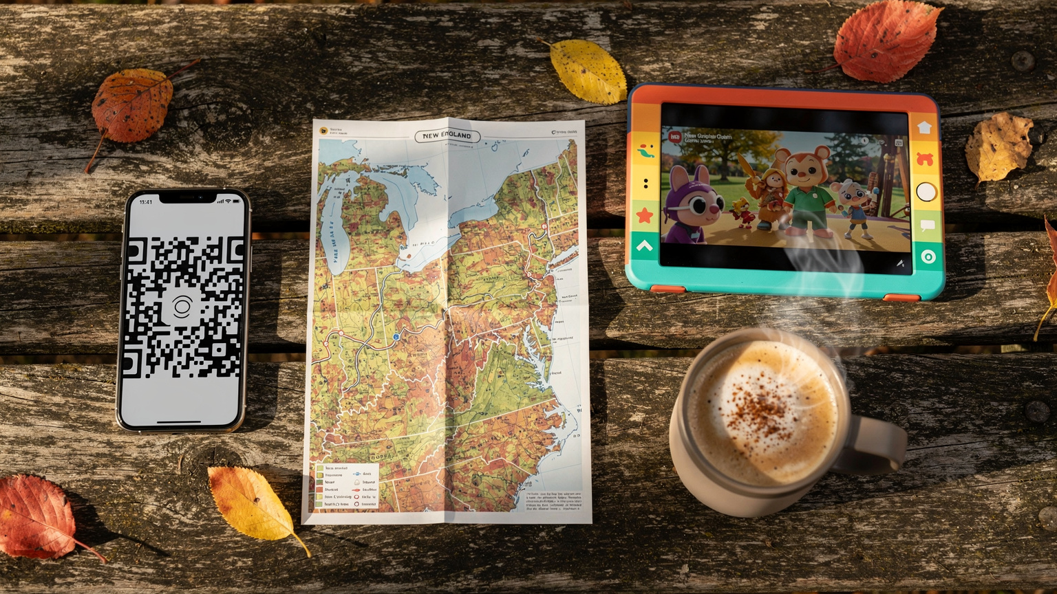 An overhead flat-lay shot on a rustic wooden picnic table, featuring a smartphone with an eSIM QR code, a child's tablet showing a downloaded movie, a physical map of New England's fall foliage routes, and a pumpkin-spiced latte.