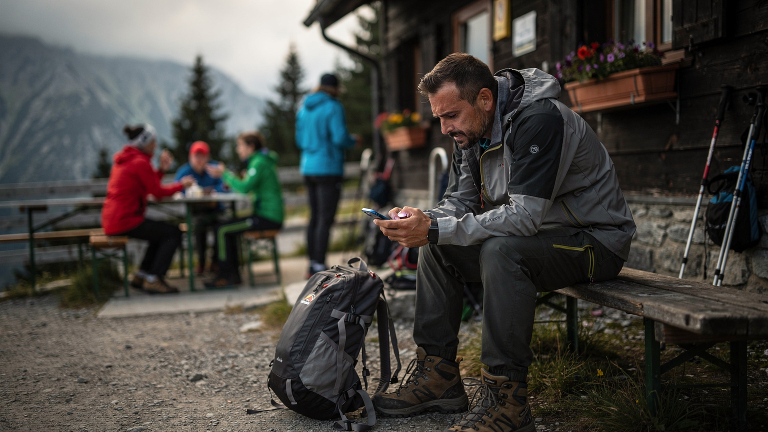 Turista sedí na lavičke pred horskou chatou v Tatrách a s mierne frustrovaným výrazom pozerá na displej telefónu, ktorý pravdepodobne ukazuje chýbajúci signál alebo nízku batériu. Okolo neho sú ďalší turisti a horské prostredie.