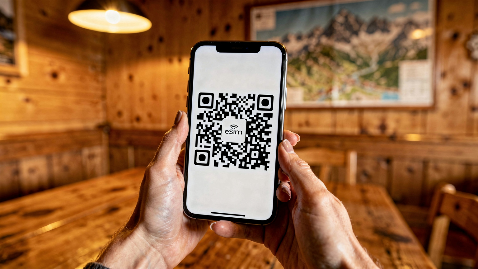 Zblízka záber na ženu držiaci smartfón, ktorý zobrazuje QR kód pre aktiváciu eSIM, s jemne rozostreným pozadím interiéru horskej chaty, kde je vidieť drevený nábytok a mapu Tatier.