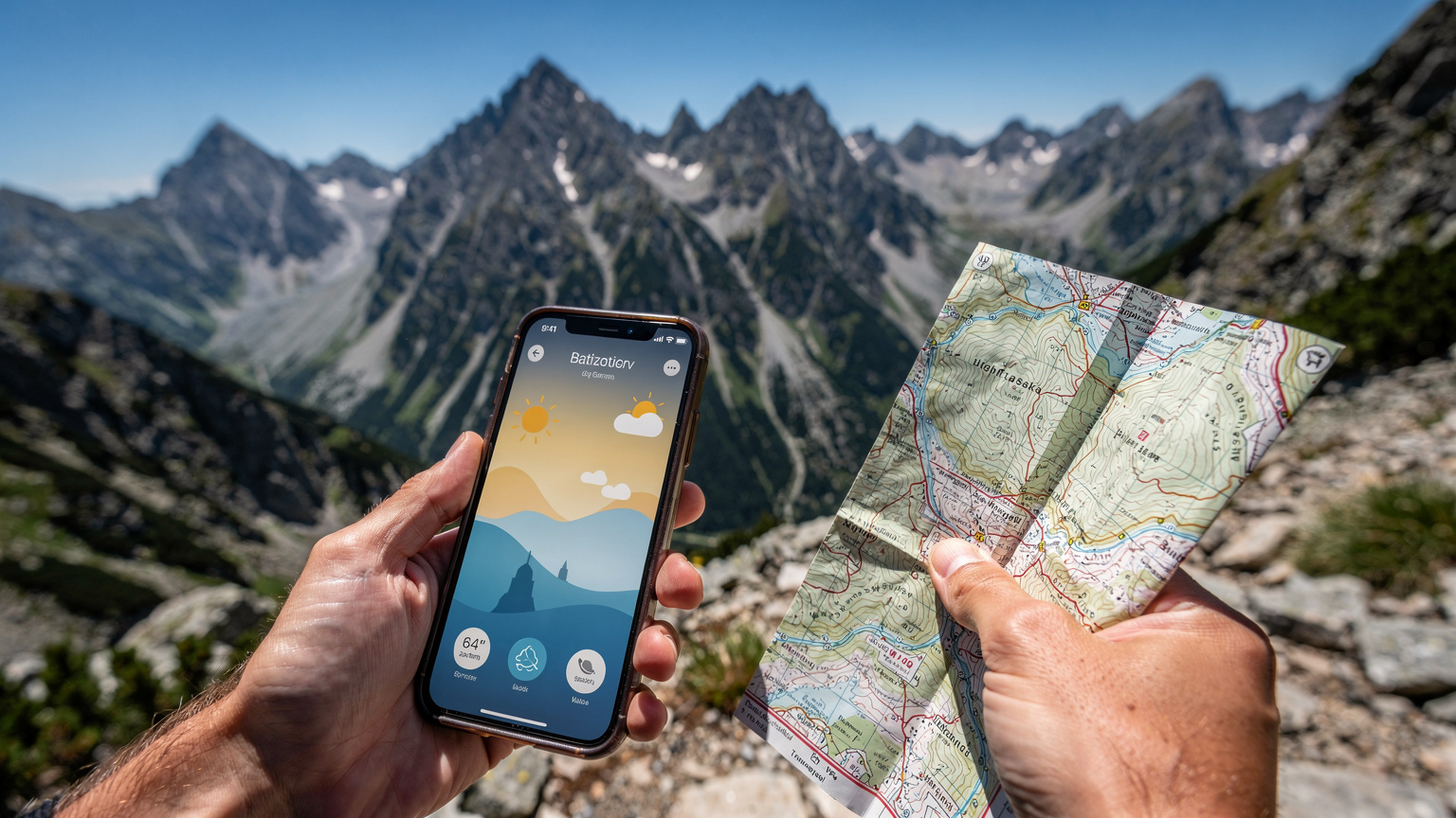 Turista s mobilom v ruke kontroluje aplikáciu na predpoveď počasia a zároveň drží mapu Vysokých Tatier, s Batizovskou dolinou v pozadí.