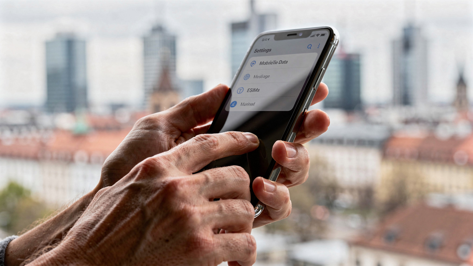 Detailaufnahme einer Hand, die auf einem Smartphone-Bildschirm wischt und die eSIM-Einstellungen aufruft, mit einer verschwommenen deutschen Stadtkulisse im Hintergrund.