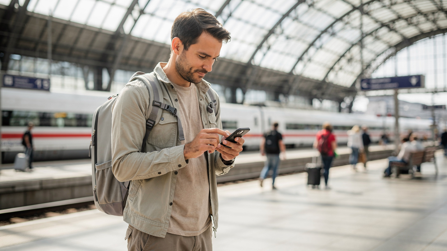 Ein Reisender am Münchner Hauptbahnhof, der gerade seine eSIM auf dem Smartphone aktiviert, um direkt nach der Ankunft online zu sein.