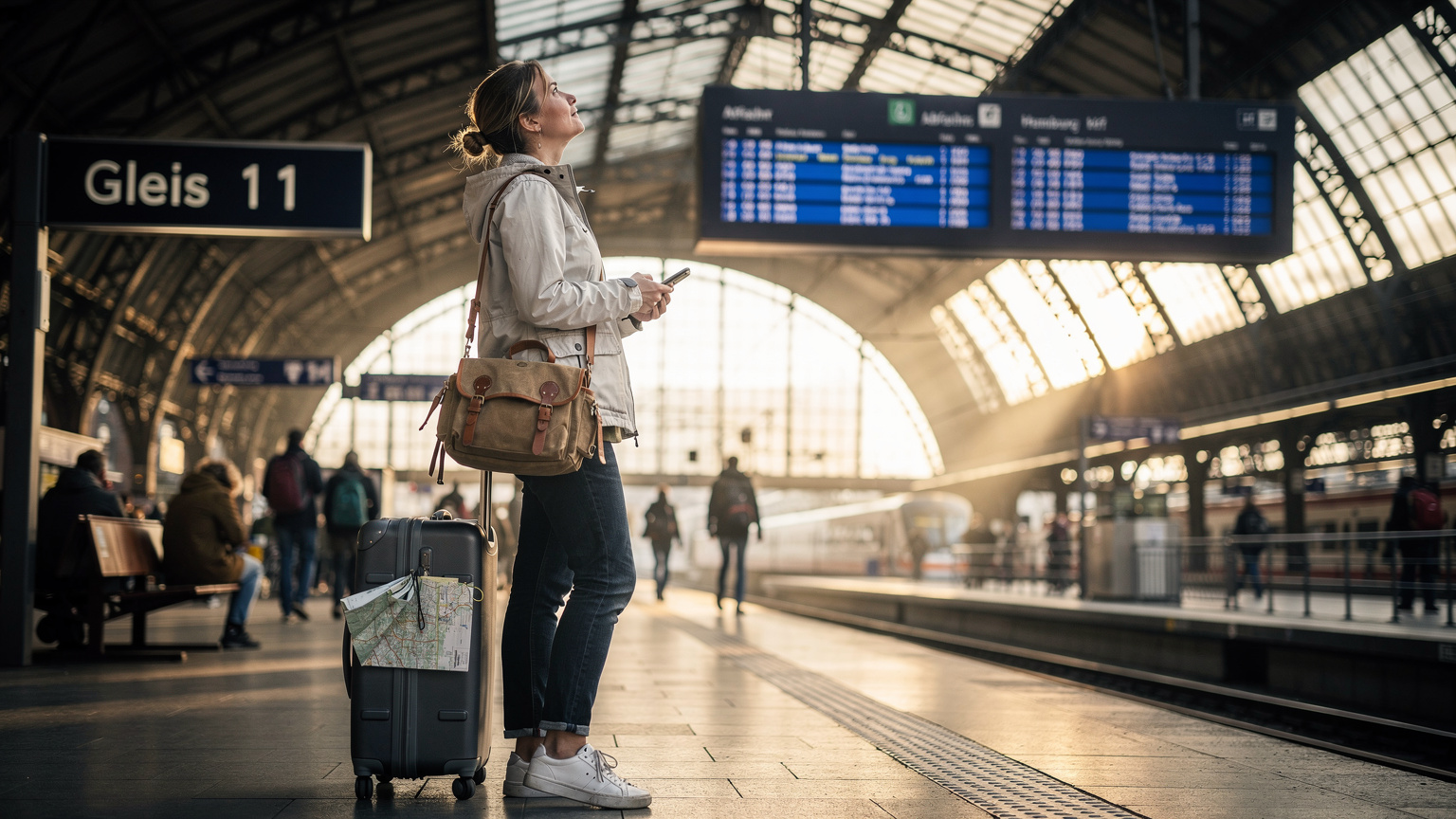 Ein Reisender überprüft die Anzeigetafel für Abfahrten am Gleis 11 des Hamburger Hauptbahnhofs, während er gleichzeitig auf seinem Smartphone nach der schnellsten Route zum Hotel im Schanzenviertel sucht.