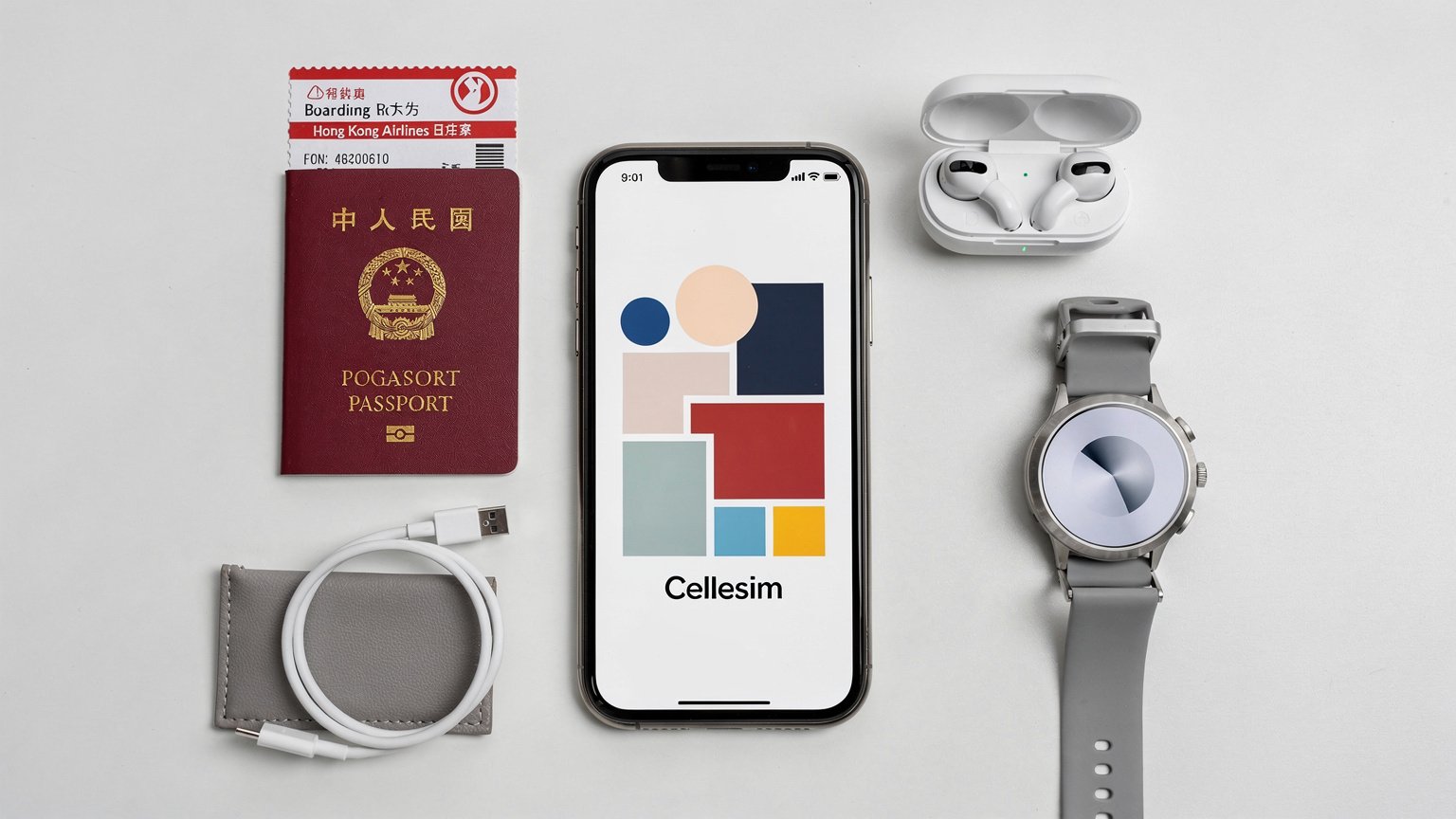 一組旅行必備物品的平鋪圖,包括一本護照、一張登機牌、一部顯示Cellesim應用界面的手機、一副無線耳機和一塊智能手錶,背景是簡潔的白色桌面。