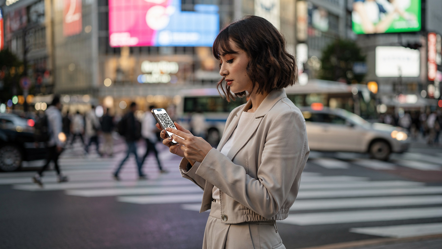 一位女士在東京澀谷街頭,專注於她的手機屏幕,背景是繁忙的交通和色彩斑斕的廣告牌,她正在激活eSIM。
