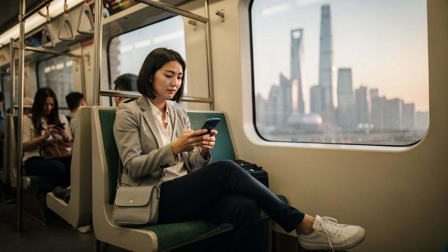 一位女士在上海地鐵二號線的列車上,打開手機設置頁面,正在添加蜂窩網絡計劃,車窗外是陸家嘴的都市風景。