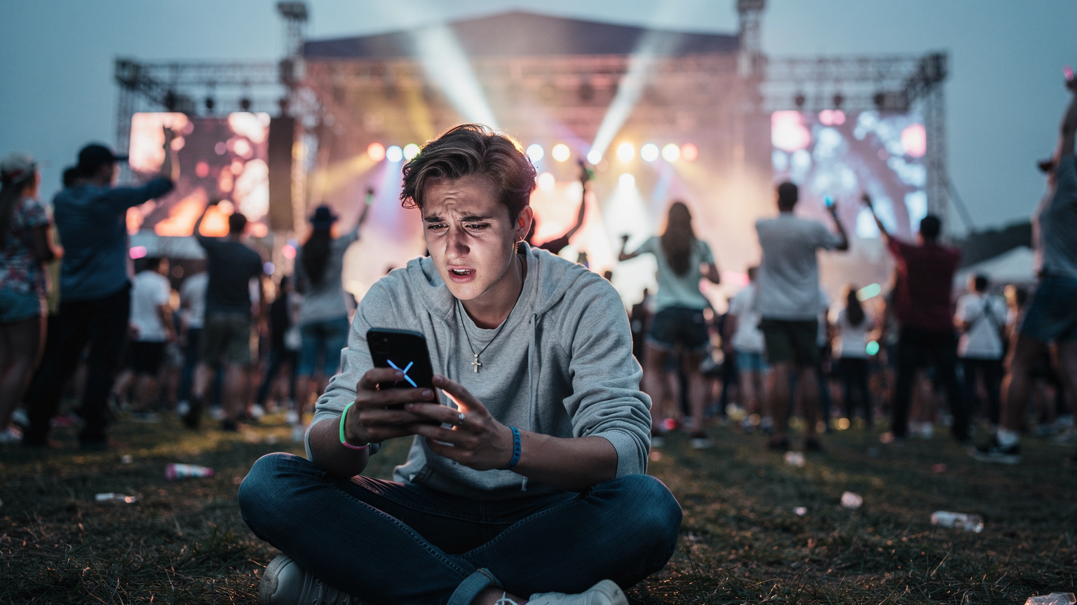 En person sidder på græsset ved en festivalscene og ser bekymret på sin telefon, der viser en 'ingen service'-meddelelse, omgivet af festende mennesker.