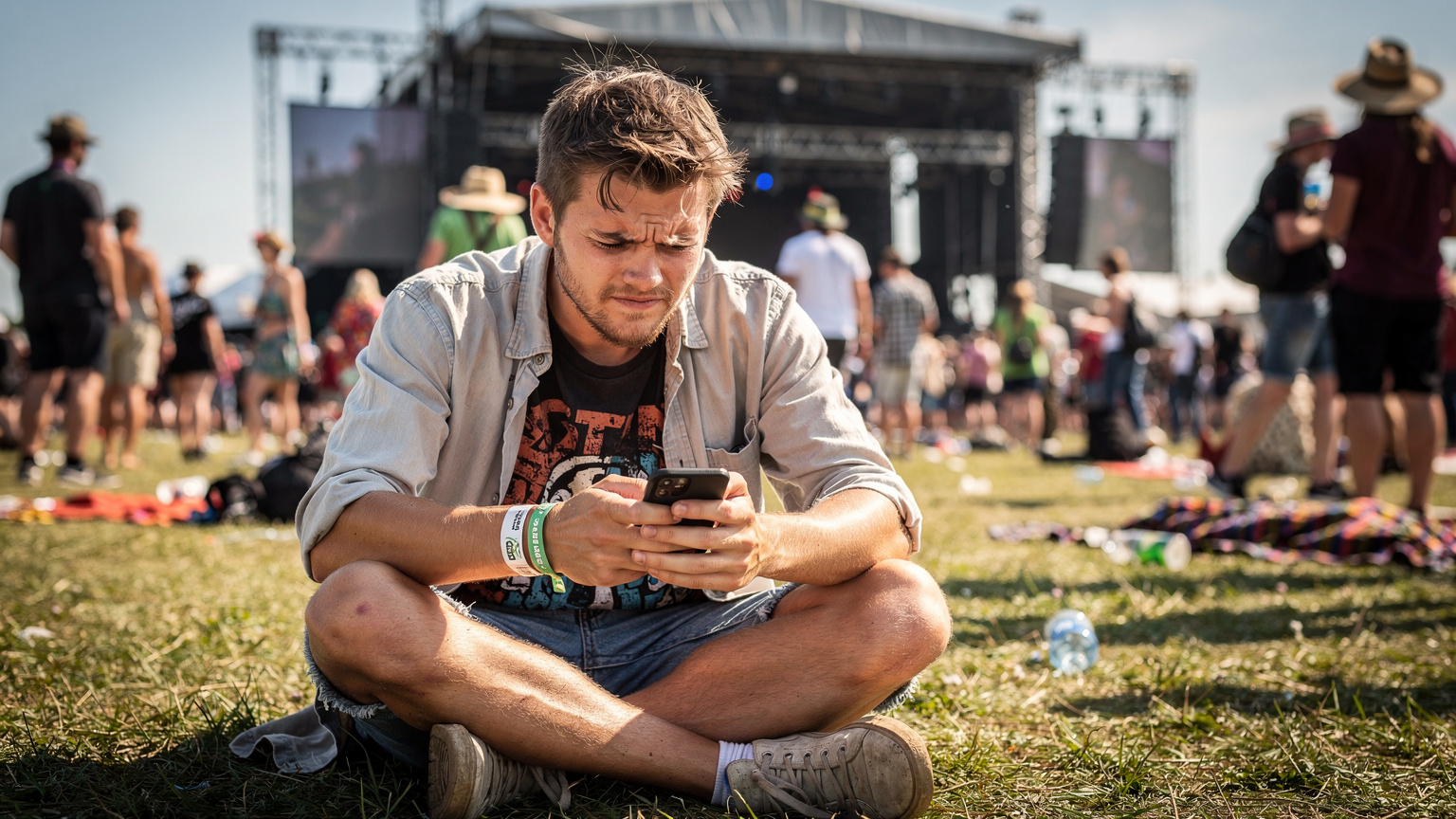 En ung mand tjekker sin smartphone med en frustreret mine, mens han sidder på græsset foran en stor scene på en travl musikfestival.