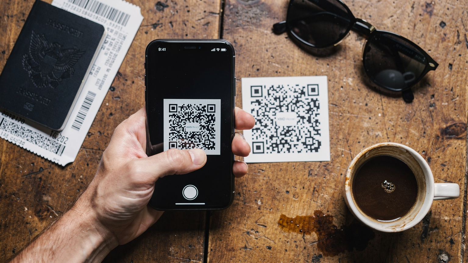 Ένα χέρι κρατά ένα smartphone και σαρώνει ένα QR code για την ενεργοποίηση της eSIM, με φόντο ένα τραπέζι με ταξιδιωτικά έγγραφα και ένα φλιτζάνι καφέ.