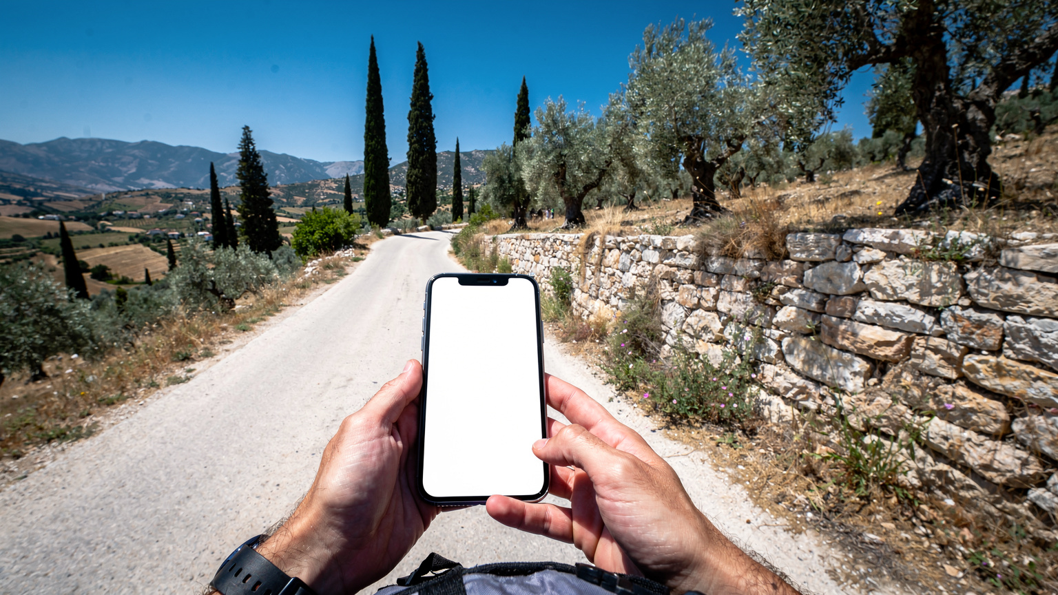 Ένα άτομο χρησιμοποιεί το κινητό του για πλοήγηση σε έναν γραφικό δρόμο της ελληνικής υπαίθρου, με φόντο ελαιώνες και βουνά.