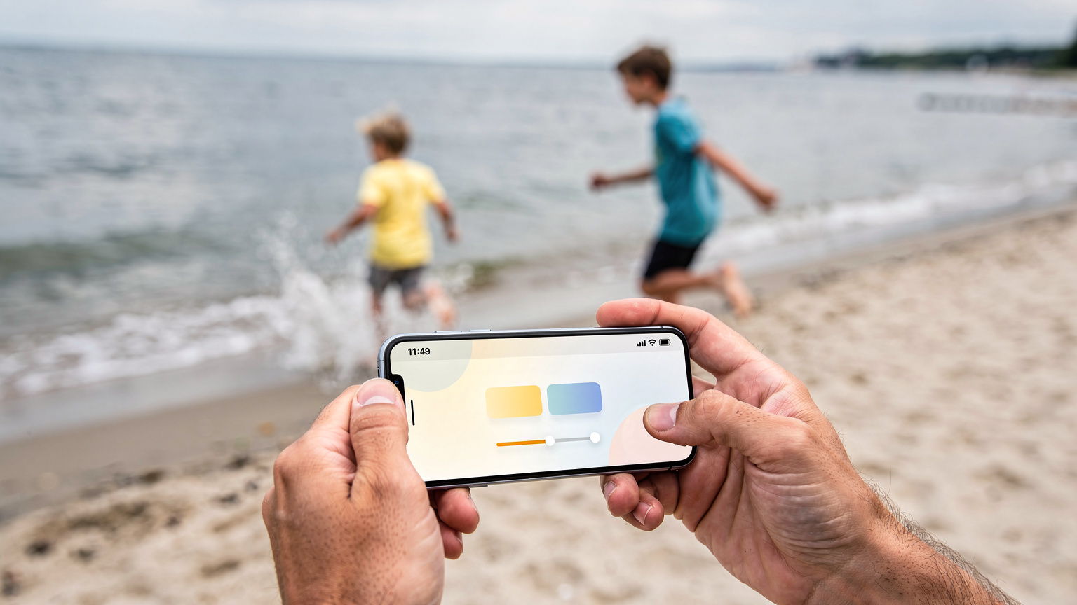 Zbliżenie na dłoń rodzica trzymającego smartfon, na ekranie którego widać aplikację do kontroli rodzicielskiej z opcjami limitowania czasu ekranowego. W tle, delikatnie rozmyte, bawiące się dzieci na plaży.