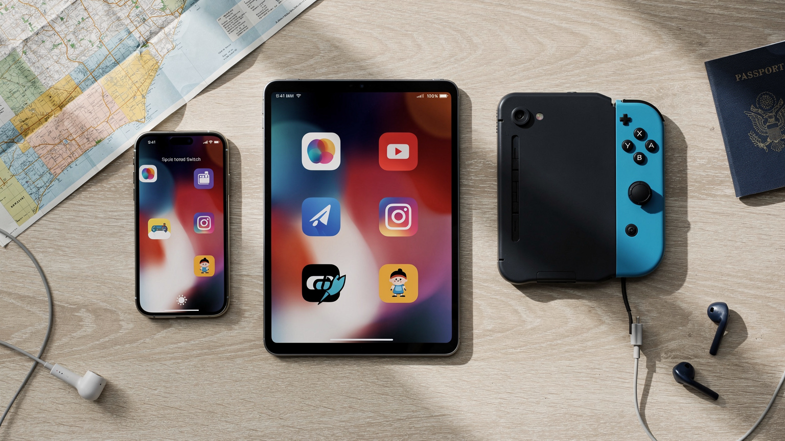 Zestaw smartfona, tabletu i przenośnej konsoli do gier, leżących obok siebie, z wyraźnie widocznymi ikonami aplikacji do streamingu i gier. Scena przedstawia przygotowania do podróży.
