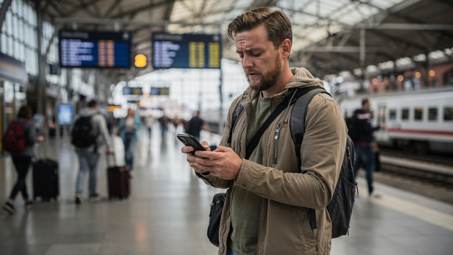 Podróżnik, stojący na lotnisku lub dworcu kolejowym, zdezorientowany patrzy na swój smartfon, próbując złapać zasięg lub połączyć się z siecią. Jego twarz wyraża lekkie zaniepokojenie.