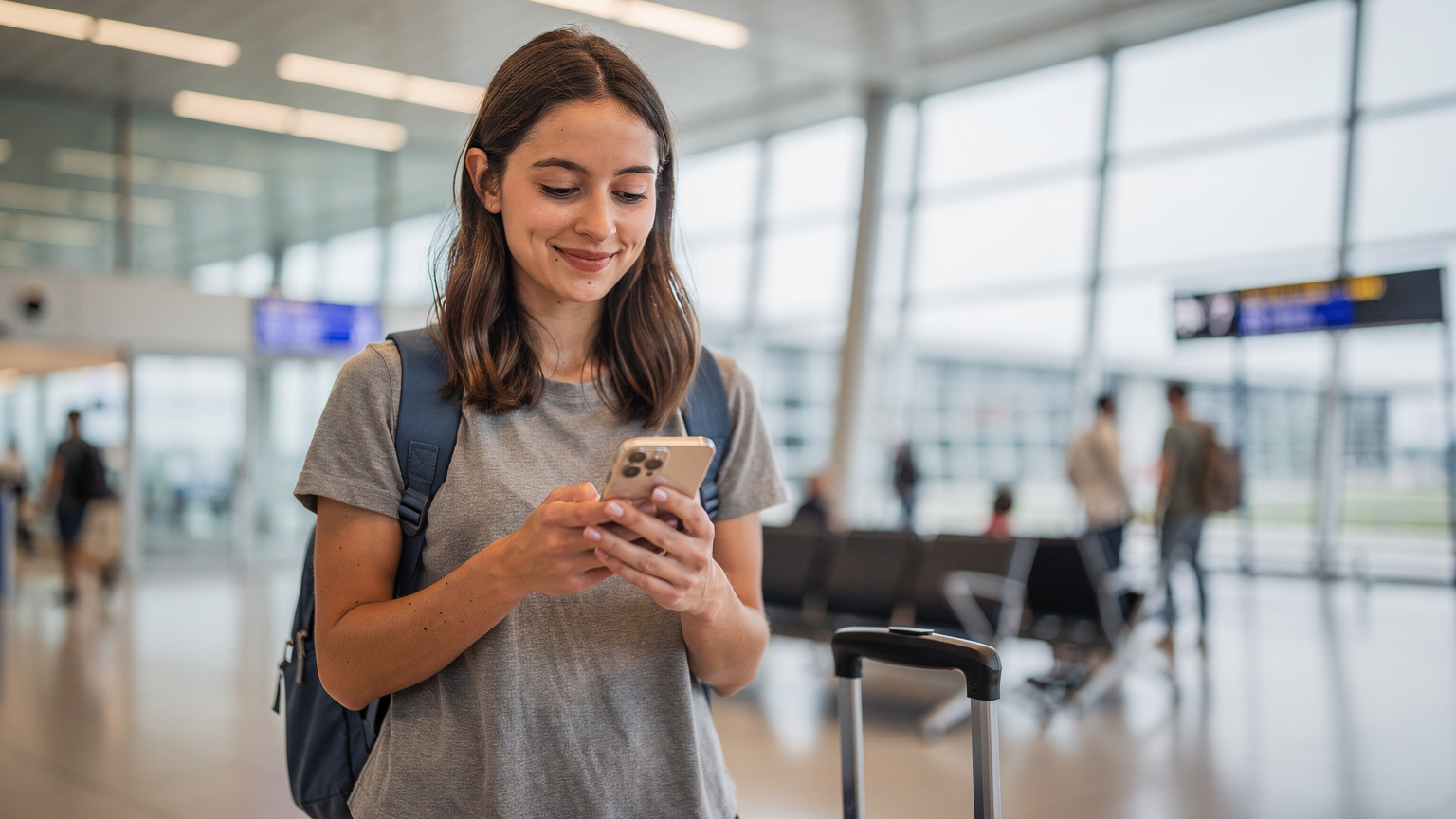 A young female traveler looking relieved as she easily activates her eSIM on her smartphone while standing near an airport gate at Berlin Brandenburg Airport.