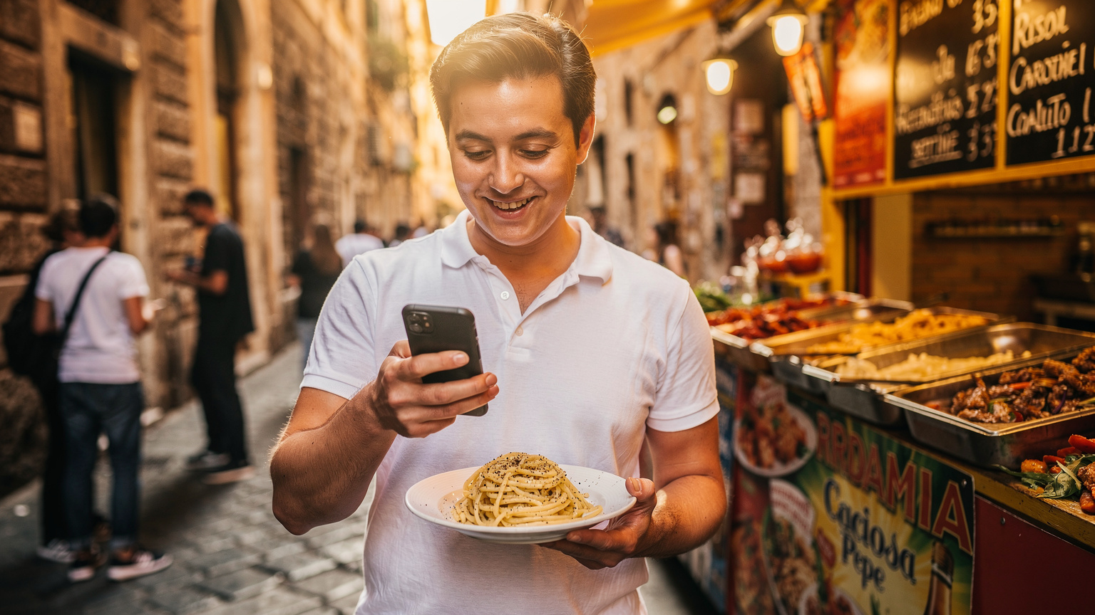 A person navigating their smartphone in front of a bustling street food stall in Rome, Italy, with a plate of pasta in hand, indicating successful connectivity.