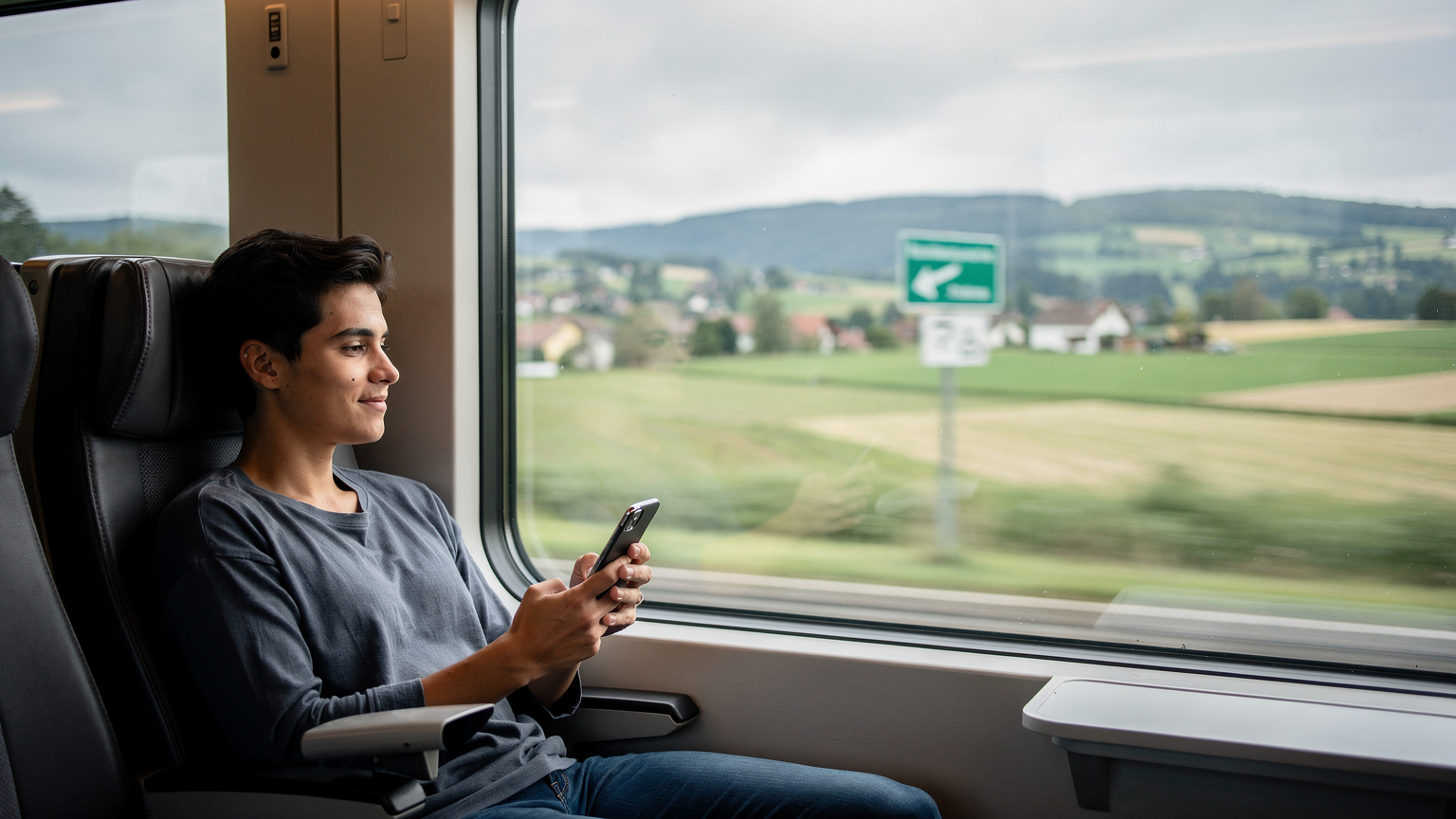 A person looking out the window of a high-speed train as it crosses a European border, holding a smartphone, symbolizing uninterrupted connectivity between countries.