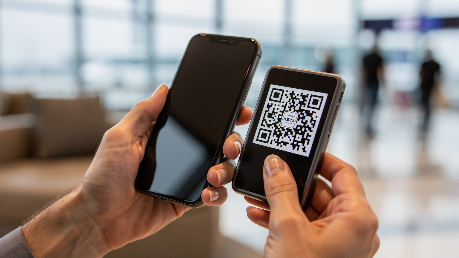 Nahaufnahme von Händen, die ein Smartphone halten, auf dem ein QR-Code für die eSIM-Aktivierung angezeigt wird, mit einem leicht unscharfen Hintergrund, der eine Hotellobby oder einen Flughafen zeigt.