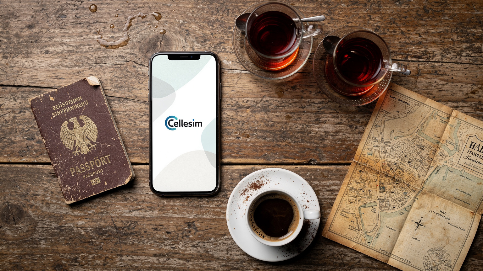 Ein Overhead-Flat-Lay-Shot zeigt die wichtigsten Reiseutensilien auf einem Holztisch: Reisepass, Smartphone mit Cellesim-eSIM-Logo auf dem Bildschirm, traditionelle türkische Teegläser, eine kleine Tasse Mokka und eine Karte von Istanbul.