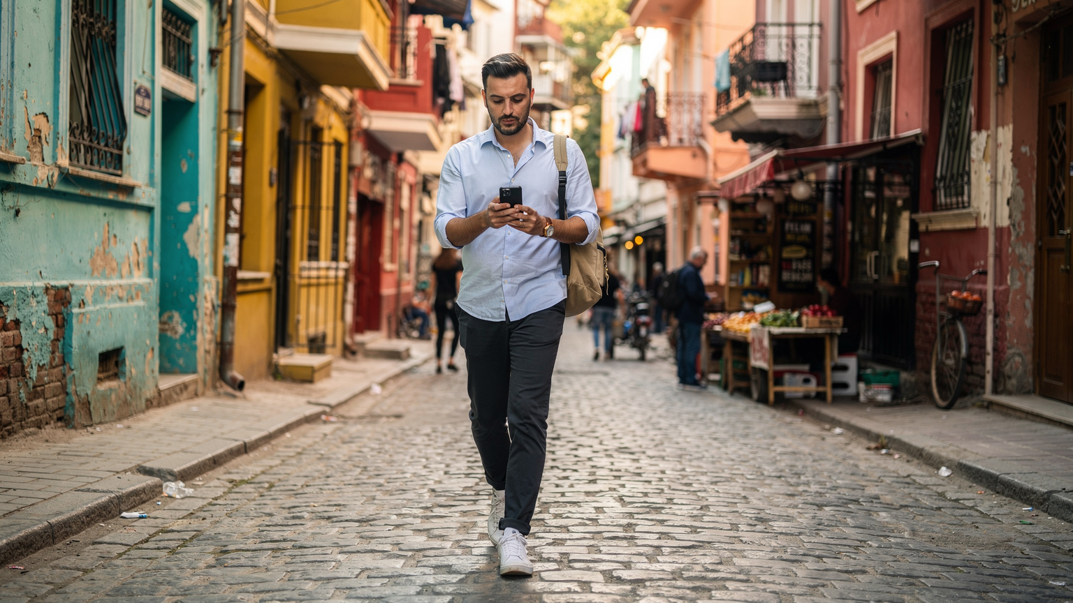 Ein Reisender navigiert durch die belebten Gassen Istanbuls, während er sein Smartphone mit einem aktiven eSIM-Profil prüft, um eine nahtlose Verbindung zu gewährleisten.
