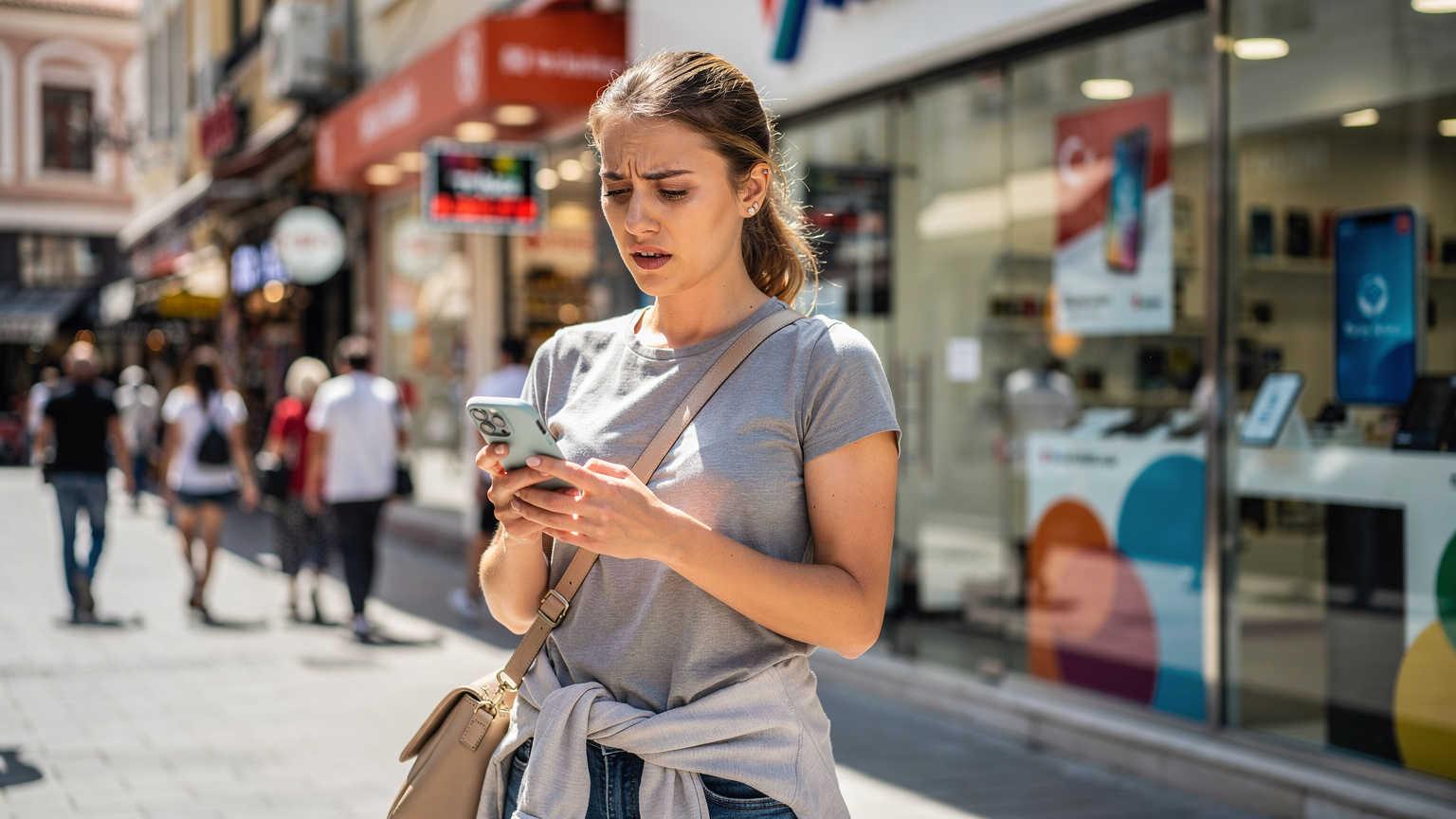 Eine Person steht vor einem Mobilfunkgeschäft in einer belebten türkischen Einkaufsstraße, blickt jedoch irritiert auf ihr Smartphone, was die Schwierigkeiten beim Kauf einer lokalen SIM-Karte symbolisiert.