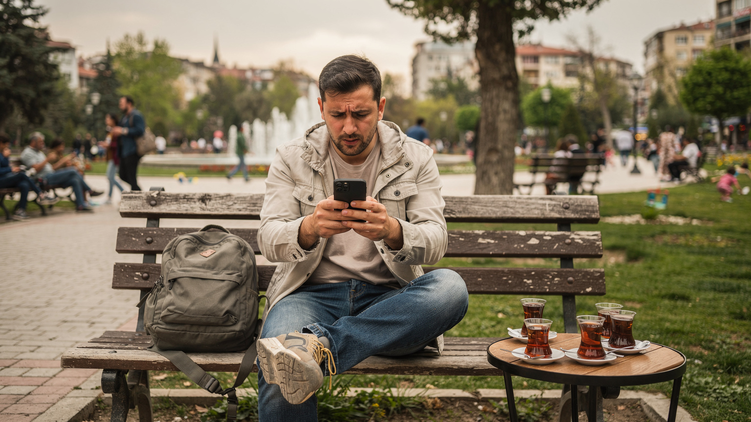 Ein Reisender sitzt auf einer Parkbank in einem belebten Stadtpark in Ankara, starrt besorgt auf sein Smartphone, das eine Fehlermeldung oder keine Verbindung anzeigt, während Menschen um ihn herum entspannt sind.