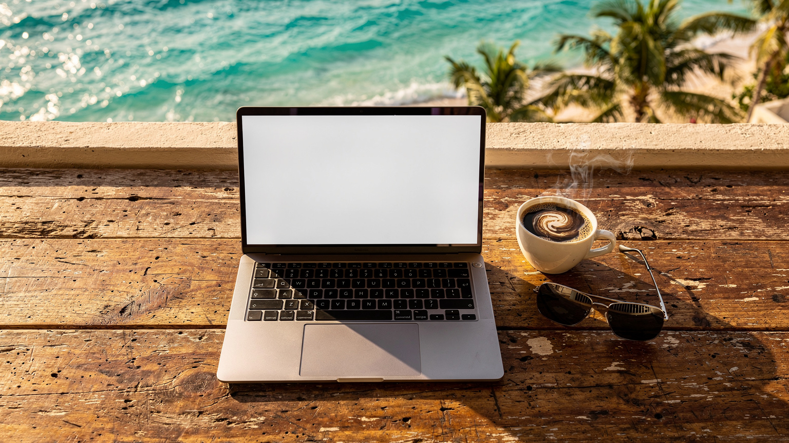 Un portátil ultraligero abierto sobre una mesa de madera rústica en una terraza de Playa del Carmen, México. Al lado hay un café humeante y unas gafas de sol, con el mar Caribe de fondo.