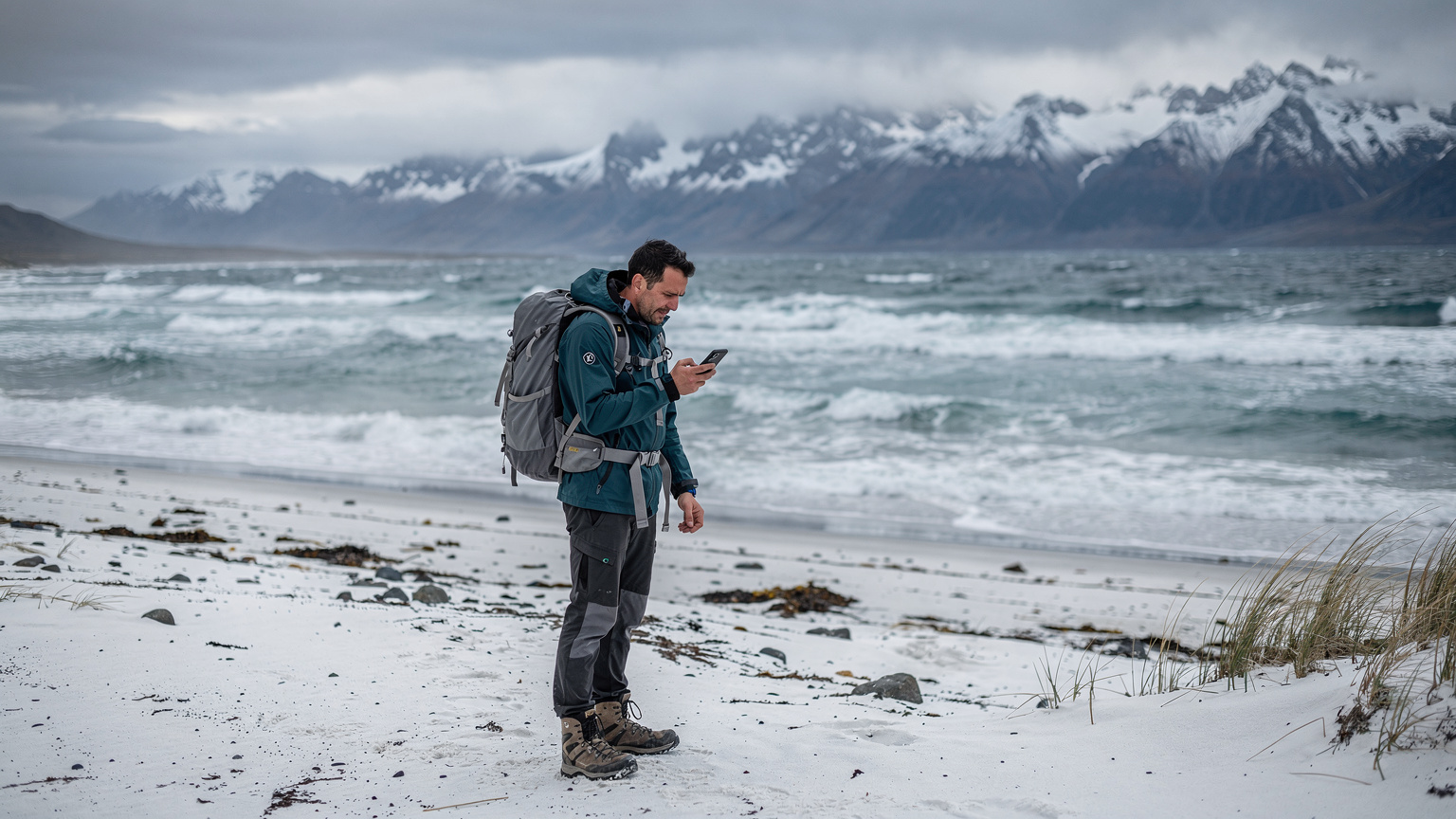 Un viajero con mochila, de pie en una playa remota de arena blanca en la Patagonia, con el teléfono en la mano, mirando la pantalla con ligera preocupación, buscando señal. El paisaje es dramático con montañas y el océano frío.