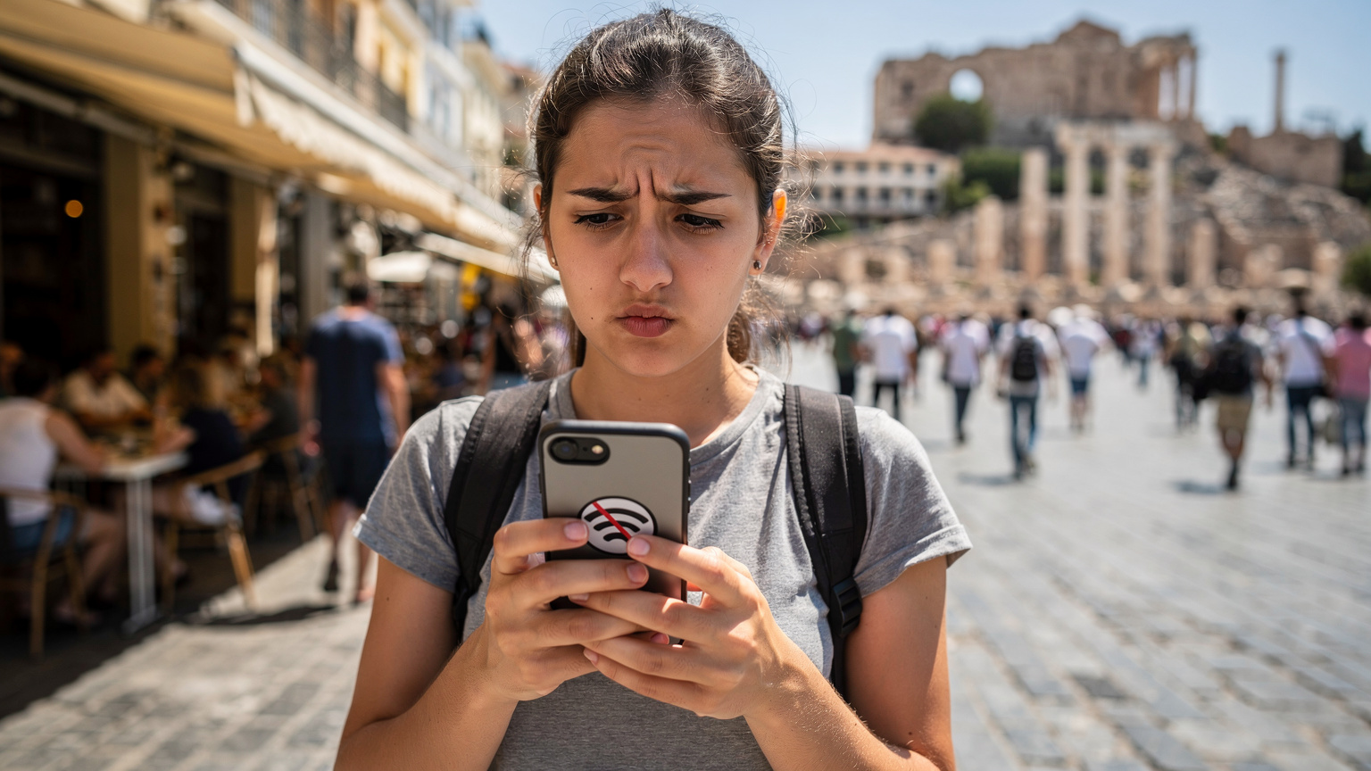 A young tourist, looking slightly distressed, trying to connect to a public Wi-Fi network outside a busy cafe in Monastiraki Square, Athens, with her phone showing a 'no internet connection' error message.