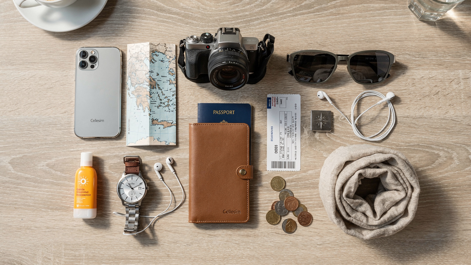 An artistic overhead flat-lay of essential travel items for Greece, including a Cellesim-branded smartphone with a QR code on its screen, a Greek passport, a boarding pass to Athens, a small bottle of olive oil, and a pair of sunglasses.