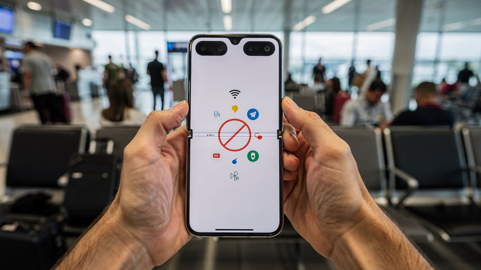 Manos de un viajero frustrado intentando conectar su Samsung Galaxy Z Flip6 a una red Wi-Fi lenta en un aeropuerto abarrotado, mostrando una pantalla con un mensaje de error de conexión.
