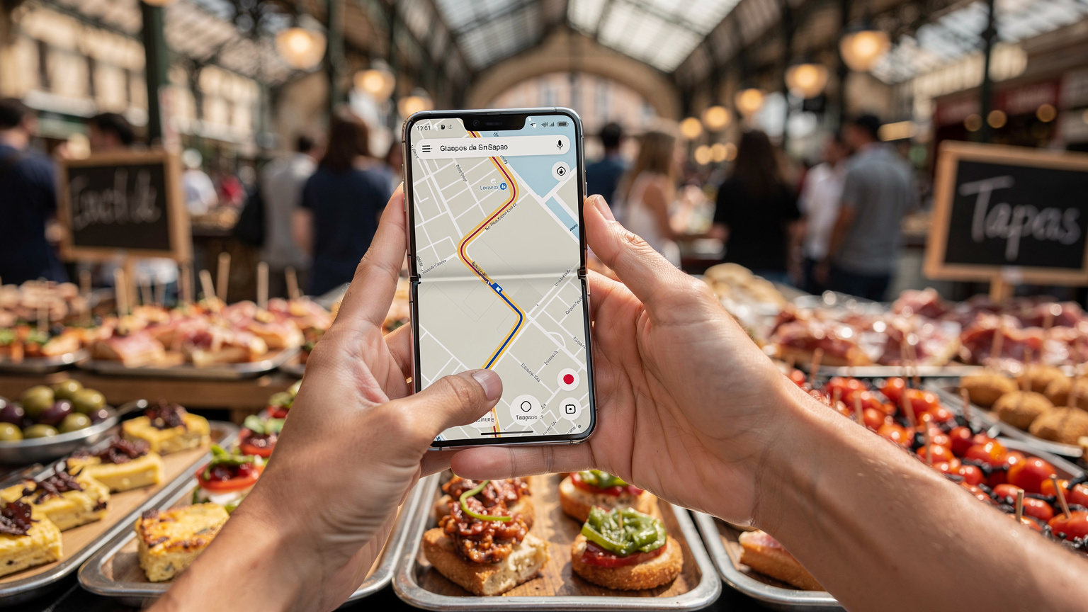 Un Samsung Galaxy Z Flip6 abierto, mostrando un mapa de ruta en la pantalla, sostenido por manos de un viajero mientras está en un puesto de comida callejera en el Mercado de San Miguel en Madrid, con gente y tapas de fondo.