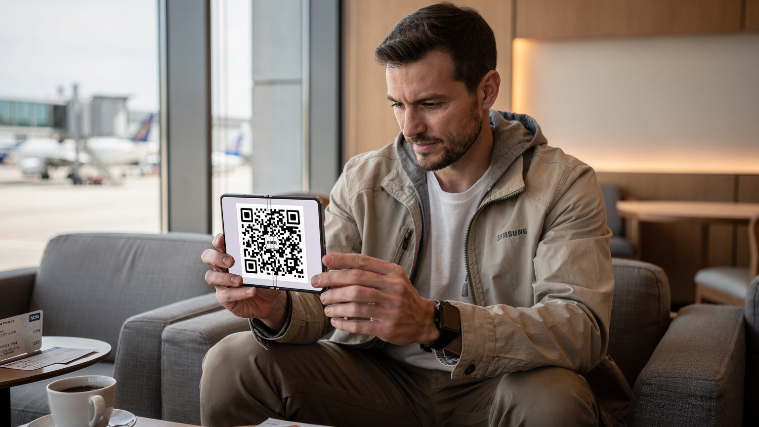 Un viajero con su Samsung Galaxy Z Fold6 abierto, mostrando un código QR de eSIM en la pantalla, mientras está sentado en la sala de espera de un aeropuerto moderno en Barcelona.