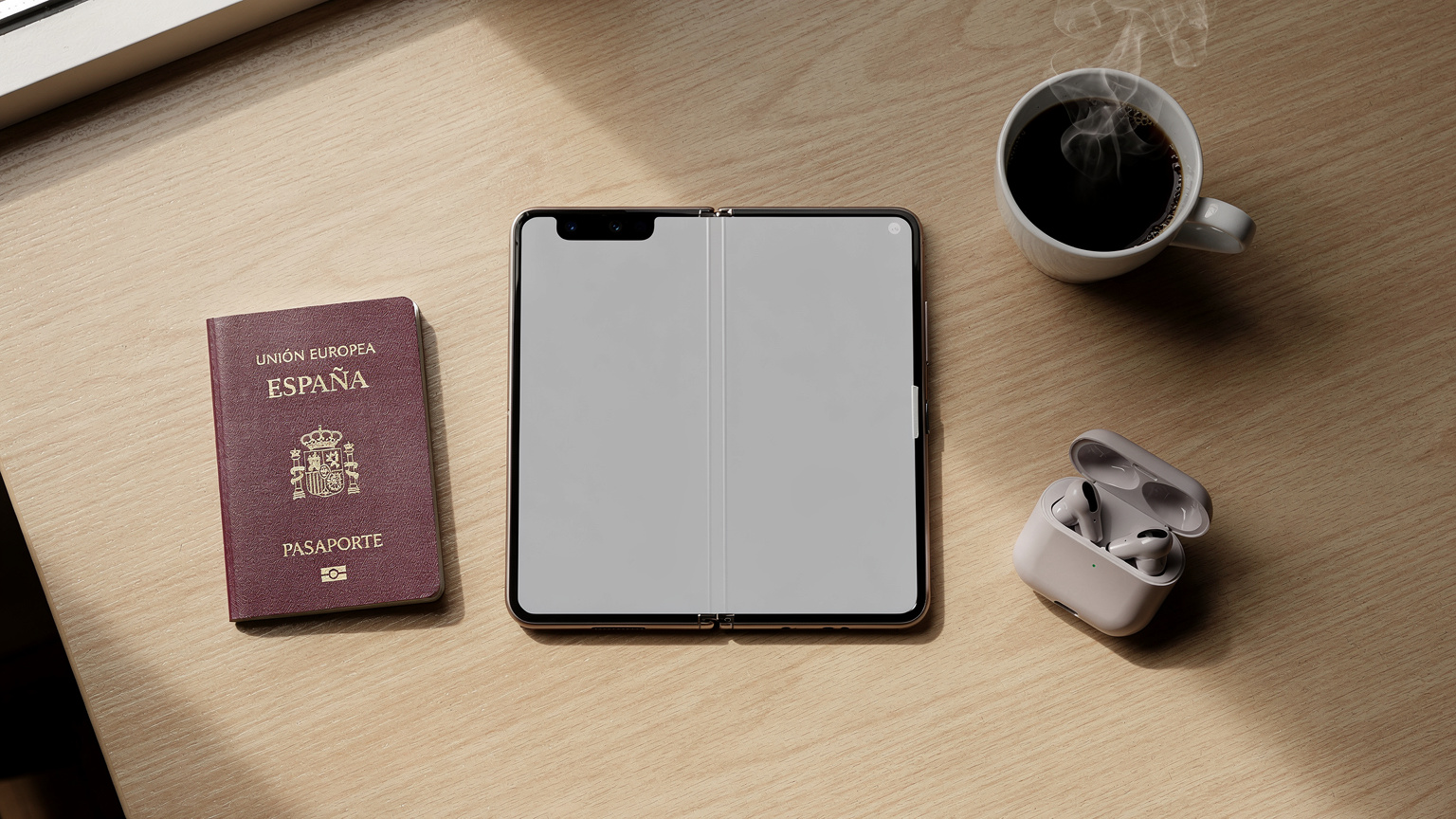 Vista cenital de una mesa de café con un Samsung Galaxy Z Fold6 abierto, un pasaporte español, unos auriculares inalámbricos y una taza de café, sugiriendo preparación para un viaje.
