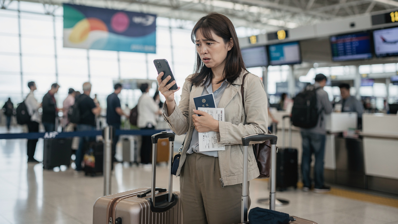 空港のチェックインカウンターで、物理SIMの不具合に困惑している旅行者の表情。スマートフォンの画面を心配そうに見つめている。