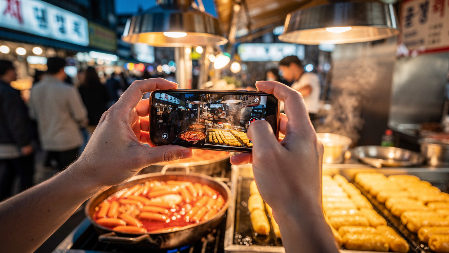 韓国の活気あるストリートマーケットで、屋台料理の写真をスマートフォンで撮影している日本人旅行者の手。背景には地元の文化的な要素が写り込んでいる。