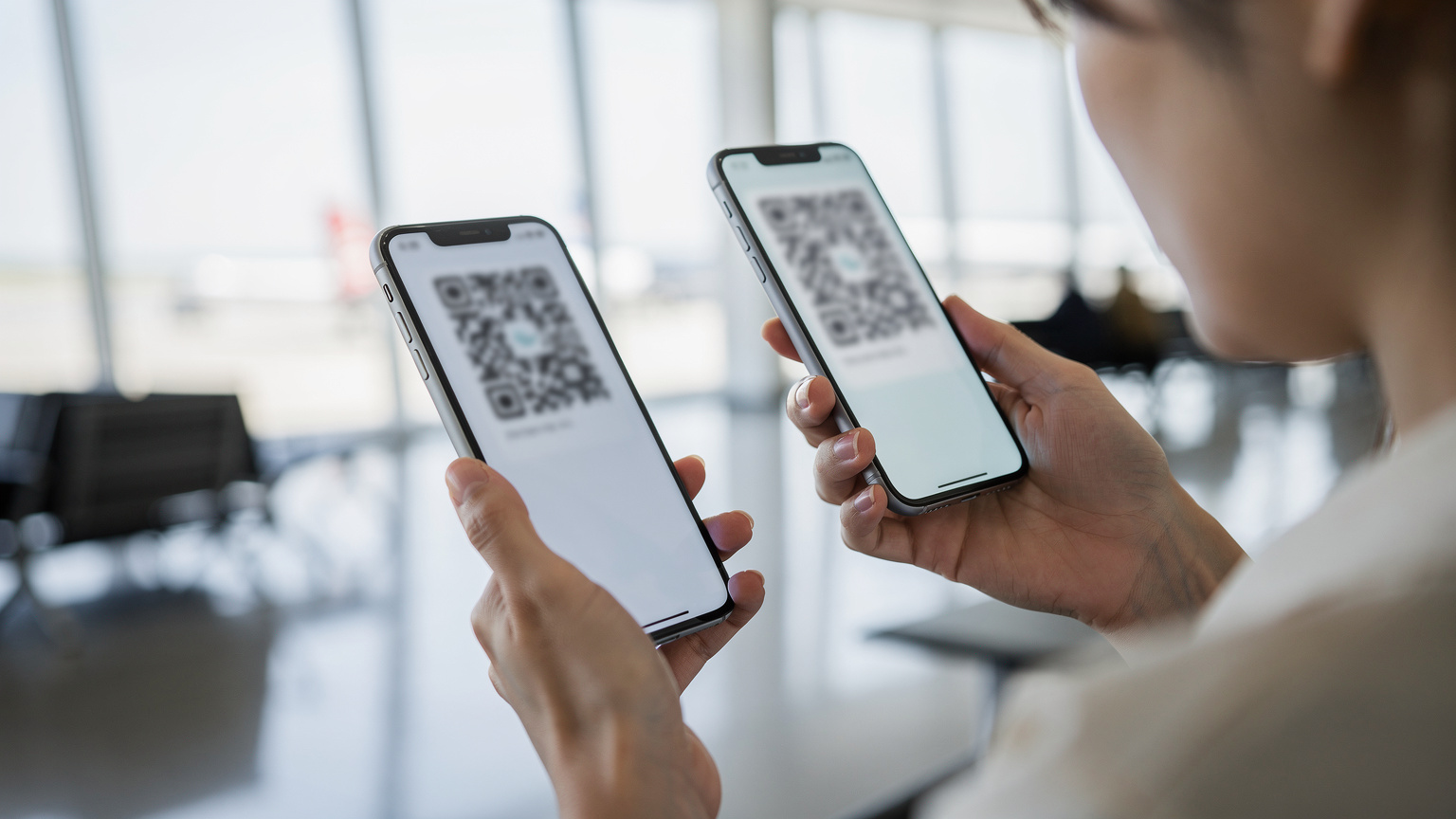 空港の静かな一角で、スマートフォンにeSIMのQRコードを読み込ませる日本人女性の手元。背景には出発ロビーの窓から光が差し込んでいる。