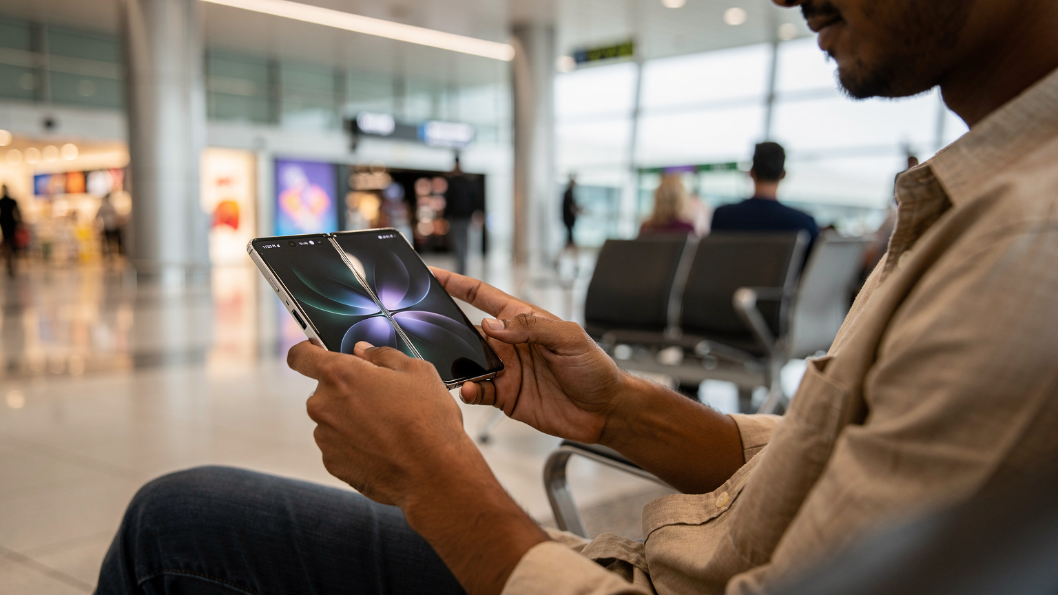 एक यात्री दुबई इंटरनेशनल एयरपोर्ट के टर्मिनल 3 पर अपने Samsung Galaxy Z Fold 7 पर eSIM प्लान चुन रहा है, उसकी उंगलियाँ स्क्रीन पर हैं.