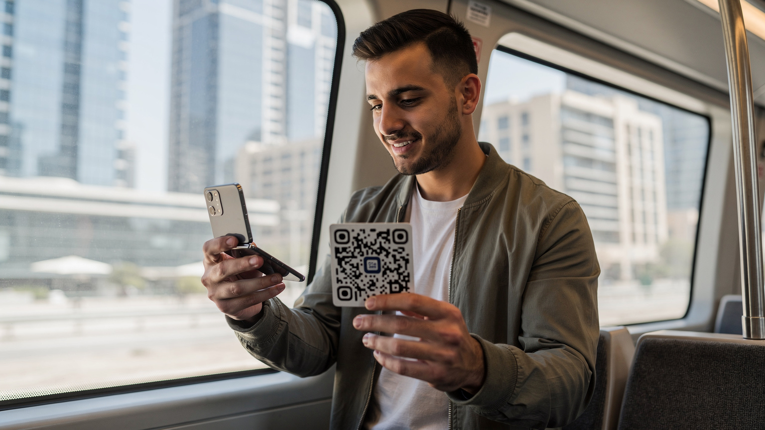 एक युवा व्यक्ति अपनी Samsung Galaxy Z Flip 7 को खोलकर, Cellesim ऐप में eSIM QR कोड स्कैन करने के लिए तैयार है, दुबई मेट्रो में यात्रा करते हुए.