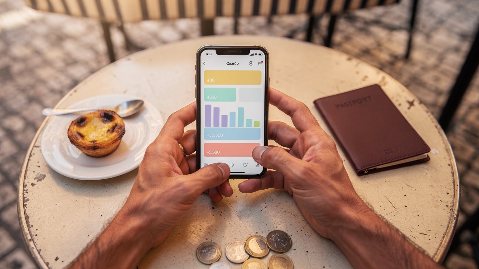 A traveler meticulously comparing eSIM data plans on a smartphone, with a passport and local currency visible on a café table in Lisbon, Portugal.