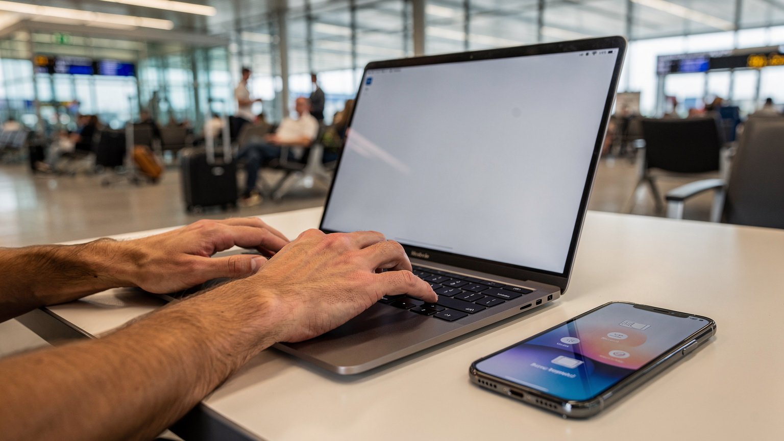 A close-up of hands typing on a laptop at a bustling airport gate in Frankfurt, Germany, with a smartphone showing an eSIM activation screen nearby.