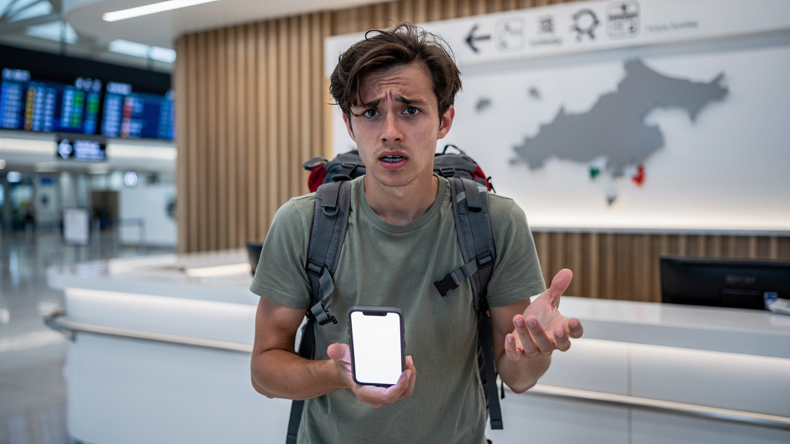 A traveler looking stressed and confused, holding a smartphone with a blank screen, while standing in front of an airport information desk at Tokyo Narita Airport, Japan.