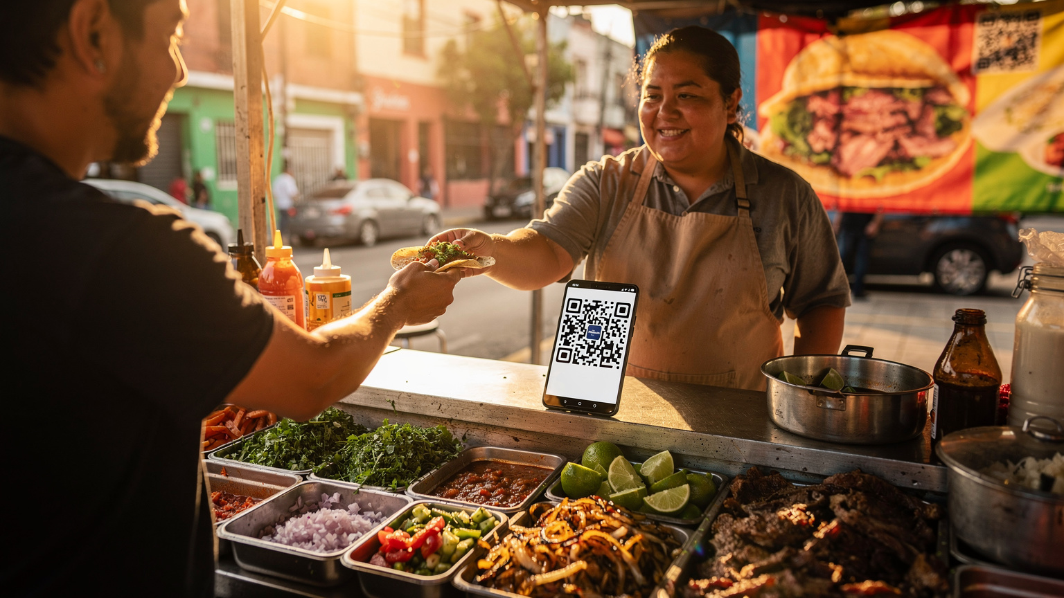 A street food vendor in Mexico City, Mexico, interacting with a customer, with a smartphone displaying a payment QR code on the counter.