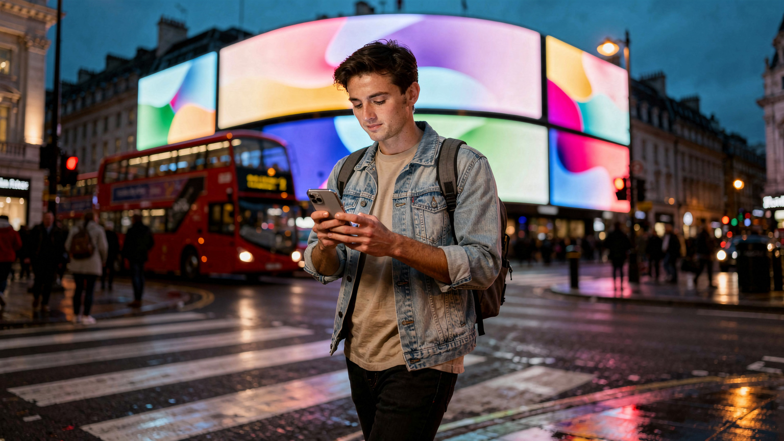Un joven de unos 20 años, con una chaqueta vaquera, mira su smartphone mientras cruza el paso de cebra de Piccadilly Circus, con las famosas pantallas LED y el tráfico de Londres de fondo.