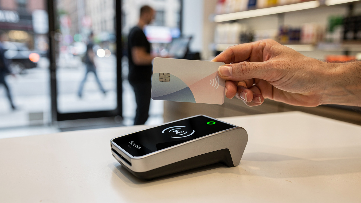 Un călător folosește un card de credit contactless pentru a plăti la un terminal modern dintr-un magazin din New York, evidențiind ușurința tranzacțiilor digitale.