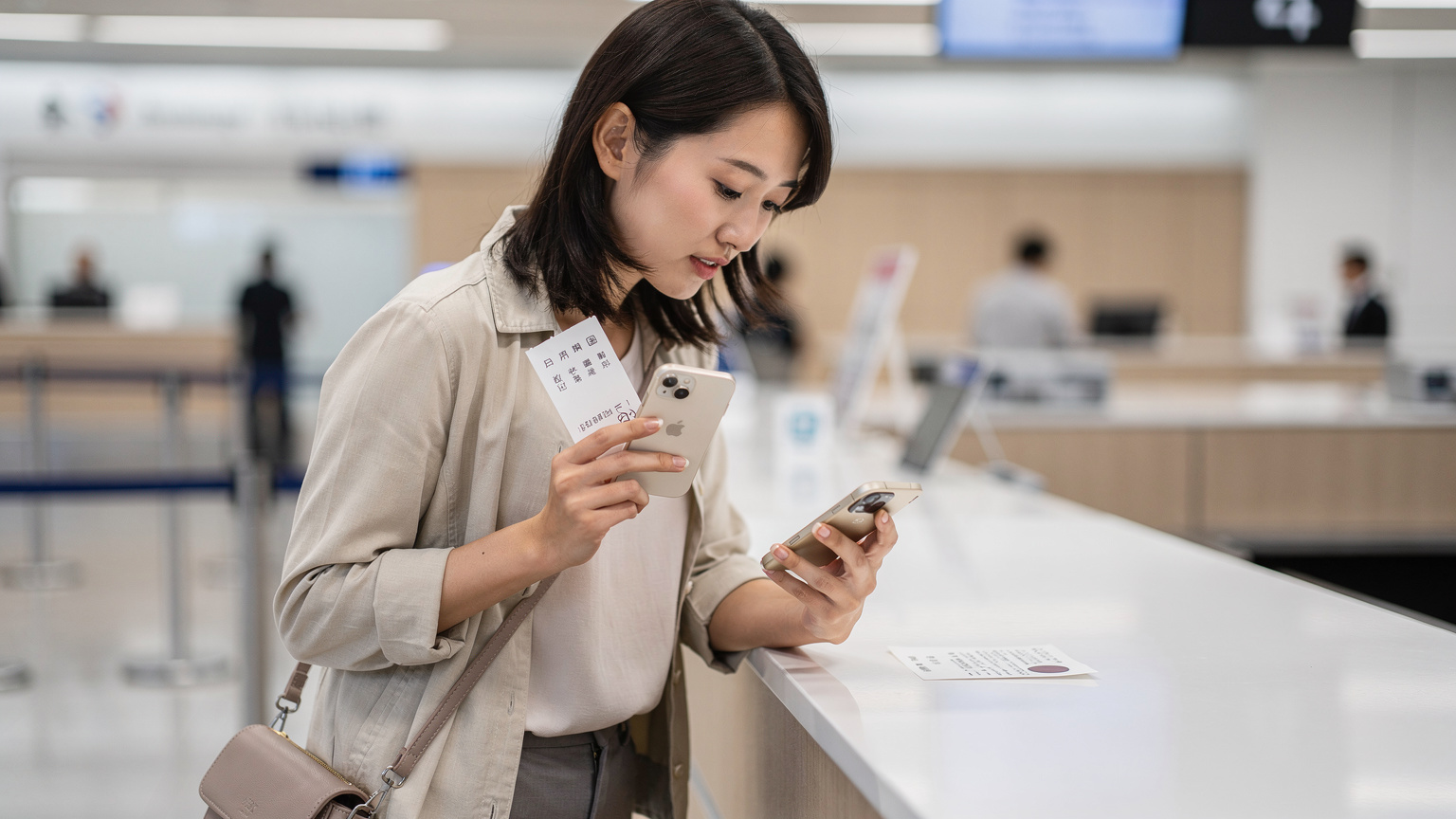 空港のチェックインカウンターで、搭乗券を手にスマートフォンでeSIM設定を最終確認する旅行者。
